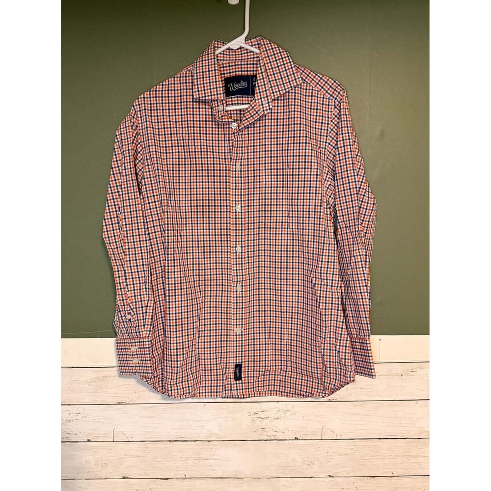 Woodies Button Down Men's Large Dress Shirt‎ Orange Blue Plaid 100% Cotton